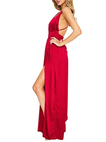 Simplee Apparel Damen Partykleid Sexy V-Ausschnitt Rückenfrei Maxi Lang Satin Träger Kleid Abendkleid Cocktailkleid Rot - 5