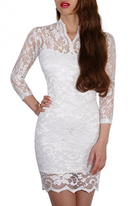 SODACODA® Sexy Spitzen Mini Kleid mit 3/4-langen Ärmeln und V-Neck , Weiß , L (EU 40) - 1