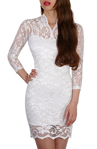 SODACODA® Sexy Spitzen Mini Kleid mit 3/4-langen Ärmeln und V-Neck , Weiß , L (EU 40) - 1