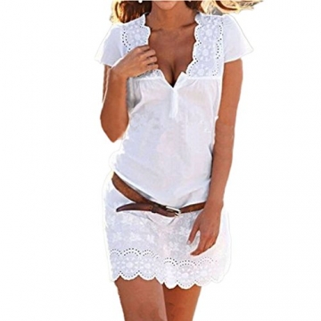 SUNNOW® Elegant Damen Sommerkleid Kurzarm Strandkleid Casual Spitze Blumen Rock Partykleid Tunika Frauen T-Shirt Blusen (M, 1 Weiß) -