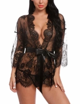 Sykooria Sexy Dessous Damen Reizwäsche Nachthemd Kurz Damen Unterwäsche Sexy Set Negligee V-Ausschnitt Transluzente Spitze Kimono Sleepwear Kleid, mit Gürtel und Tanga Valentinstag - 1