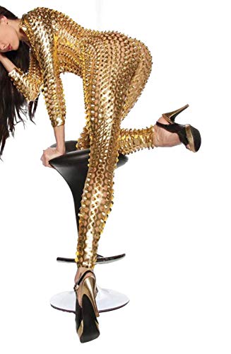 Wonder Pretty Damen Catsuit Leder Jumpsuit Overall Catwoman Kostüme Latex Wetlook Sexy Dessous Ouvert Body Clubwear Gold L - 3