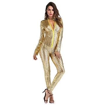 Wonder Pretty Damen Catsuit Leder Jumpsuit Overall Catwoman Kostüme Latex Wetlook Sexy Dessous Ouvert Body Clubwear Gold L - 4