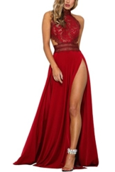 YACUN Damen Lang Kleid Sommer Maxi Hoch Split Spitzen Abend Rückenfrei Party Kleid Rot S - 1