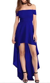 YaoDgFa Sexy Damen Kleider Abendkleid Cocktailkleid Partykleid Kleid Ballkleid Knielang Festlich Kurzarm Off Schulter Lang Maxi Asymmetrisch Blau EU 42/44 -