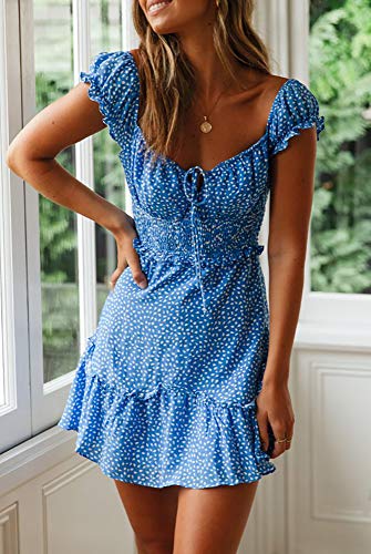 Ybenlover Damen Blumen Sommerkleid High Waist Volant Kleid Vintage Minikleid Strandkleid, Blau, L - 4