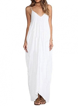YJ-WAN Damen Strandkleid Trägerkleid Tief V Hippie Boho Sleeveless Maxi Kleid Casual Beach Dress Size L -
