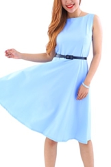 YMING Damen 50er Rockabilly Kleid Retro Partykleid Einfärbig Vintage Elegantes Kleid,Hellblau,XL/DE 42-44 - 1