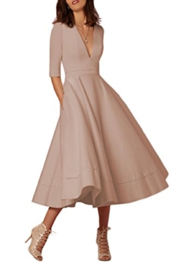 YMING Damen Langarm Kleid Stretch Kleid Freizeitkleider Partykleider Tief V Ausschnitt Formalkleid,Khaki,L,DE 40 42 - 1