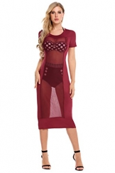 Zeagoo Damen Sexy Bodycon Kurzsam Kleid Lang Partykleider Mesh Patchwork Durchsitig Clubwear (EU 36 (Herstellergröße: S), Weinrot) -